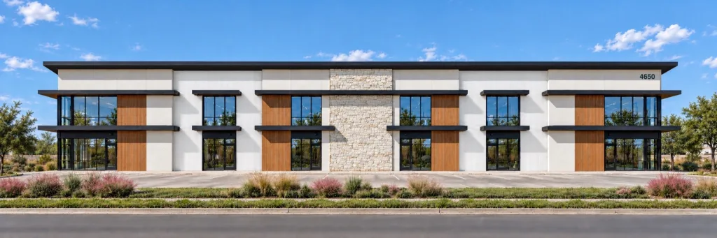 Front of Building 1, numbered 4650: six storefront bays with dark canopies, wood-tone panels and a central stone column
