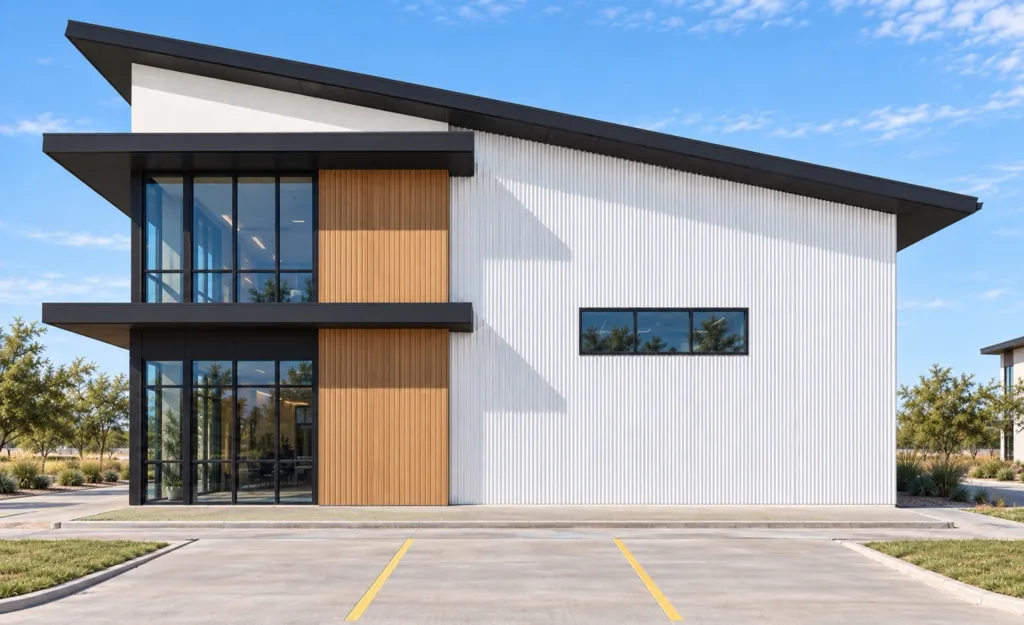 Building end with a two-story glass corner, a wood-tone panel and a single-slope roof above a parking area