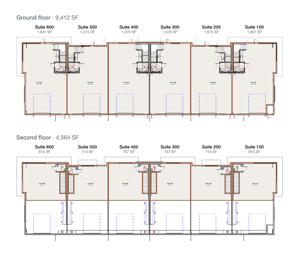 Floor plan of a full building, Suites 600 to 100 from left to right, ground floor and second floor