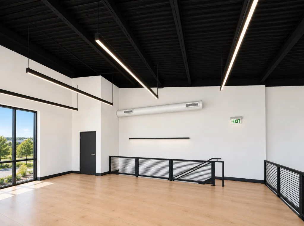 Second-floor room with wood-tone flooring, a tall window, linear pendant lights, a door and a stair railing