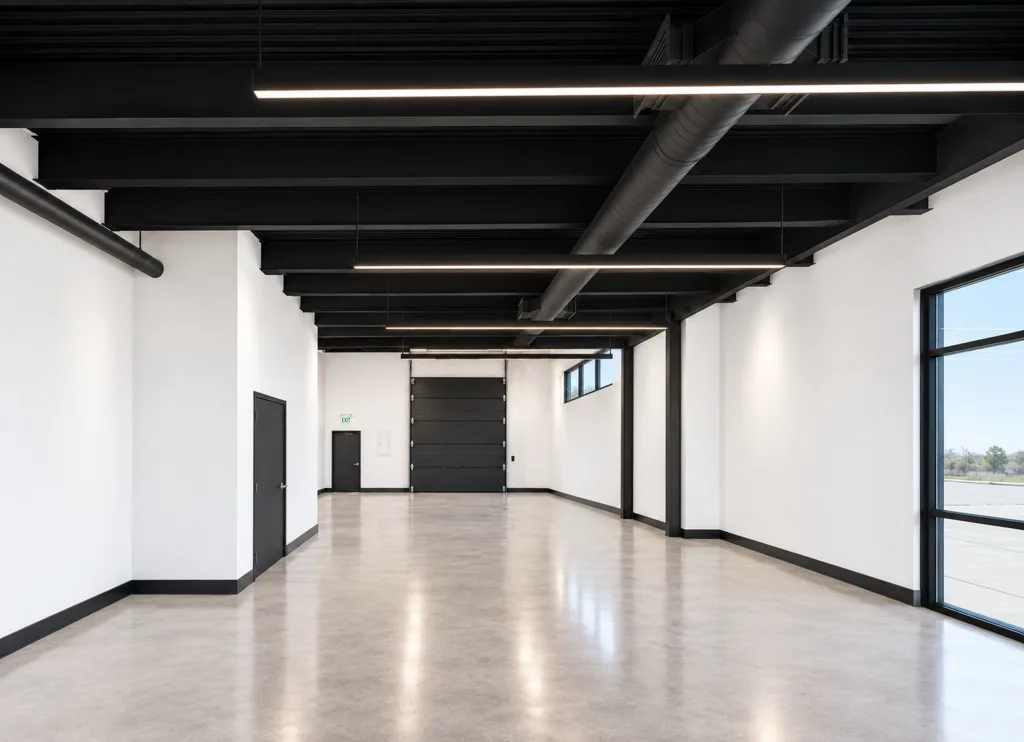 Long, open suite with polished concrete, an exposed black ceiling, linear lights and an overhead door at the far end