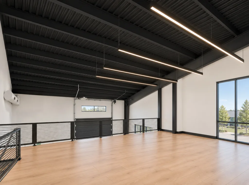 Second floor with wood-tone flooring, a sloped black ceiling, linear lights, railings and a tall window