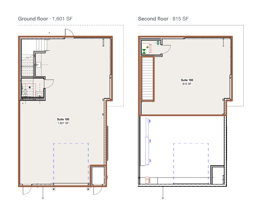Floor plan of Suite 100, ground floor and second floor