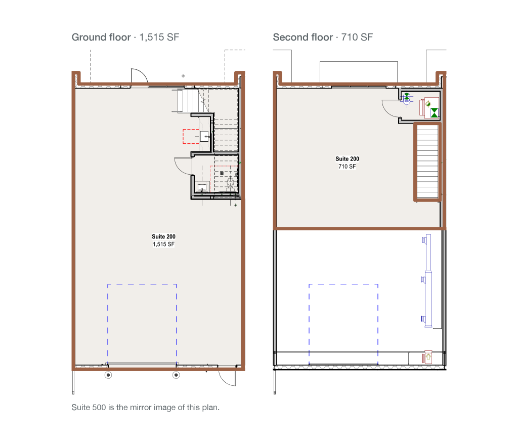 Floor plan of Suite 200, the mirror image of Suite 500, ground floor and second floor