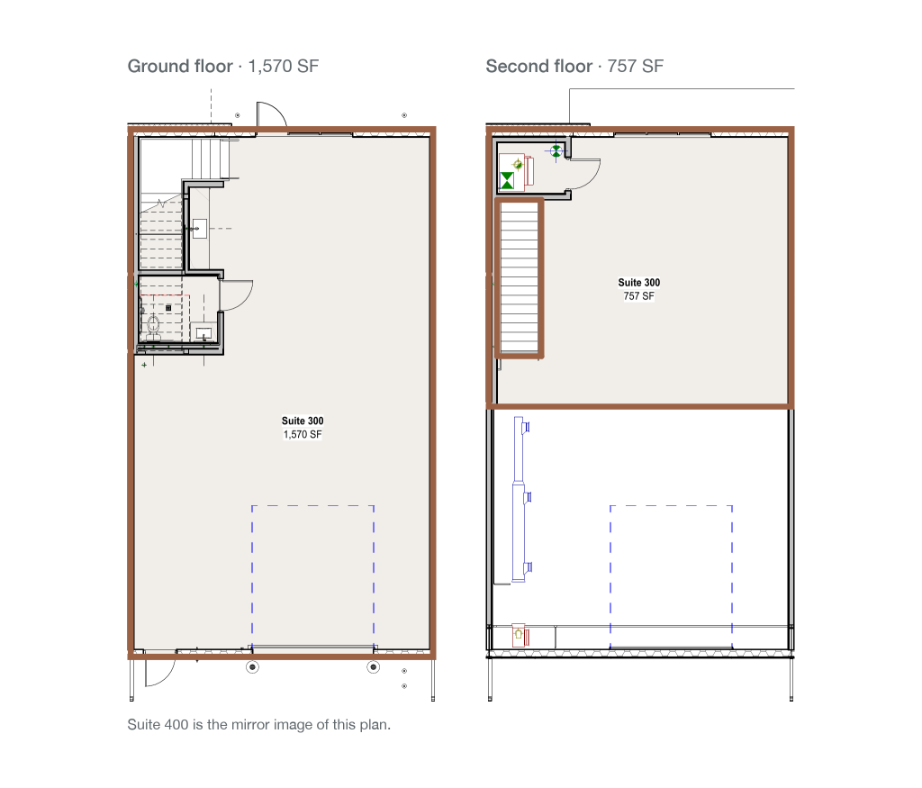 Floor plan of Suite 300, the mirror image of Suite 400, ground floor and second floor